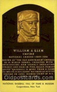 William J Klem Baseball Hall of Fame Card, Unused 