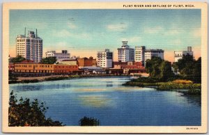 Flint Michigan MI, 1949 Flint River and Skyline, Buildings, Vintage Postcard