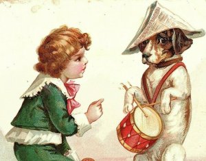 1893 Coffee Lion Trade Card Woolson Spice Victorian Dog Playing Drums Drummer 