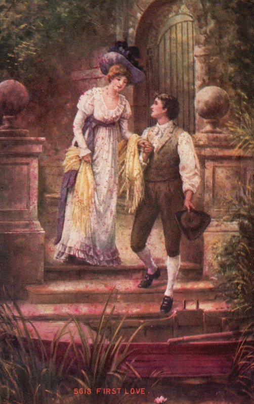 Vintage Postcard First Love Gentleman Held Hands Lovers Couple Dating Courting