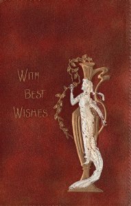 Vintage Postcard 1912 With Best Wishes Mermaid Vase Red Background Souvenir Card