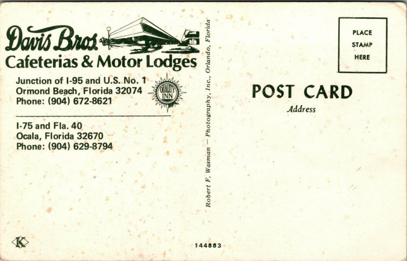 Vtg Davis Bros Cafeterias & Motor Lodges Ormond Beach Florida FL Postcard