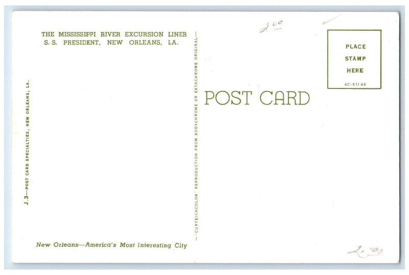 Steamer Ship S.S President Mississippi River Excursion liner LA Vintage Postcard 