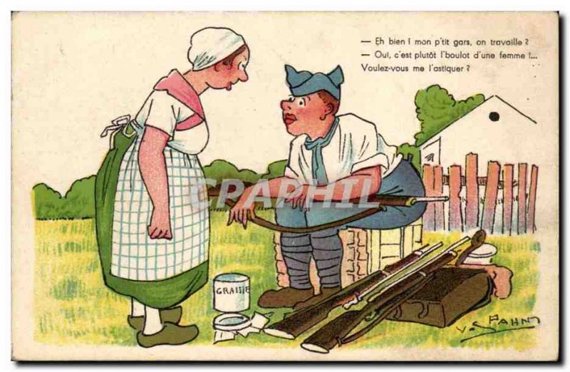 Old Postcard Illustrator Well my little guy working Pahn (miitaire militaria)