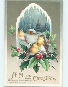 Pre-Linen christmas YELLOW BREASTED BROWN BIRDS SITTING ON HOLY BRANCH HL0459