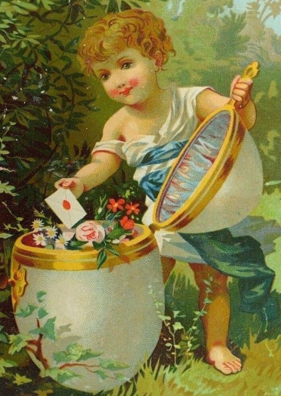 Victorian Easter Trade Card Child Giant Egg Filled With Flowers Letter &F