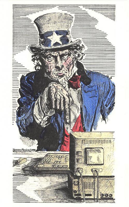 Flying Rabbit Sandy Waters Uncle Sam @ The Computer Jeffrey Mezick 1994 Postcard