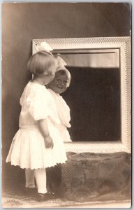 Girl Toddler White Dress Nice Headband Smiling in the Mirror Photograph Postcard