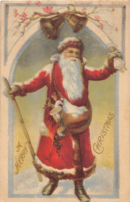 F61/ Santa Claus Merry Christmas Postcard c1920 West Mills Maine Doll Bells 13