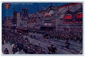 c1910's Coliseum At Night Trolley Cars Buildings Chicago Illinois IL Postcard