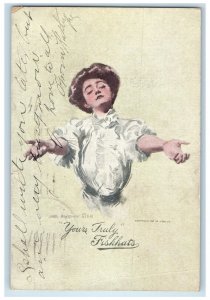 1908 Woman Yours Truly Fiskhats Chicago Illinois IL Advertising Antique Postcard