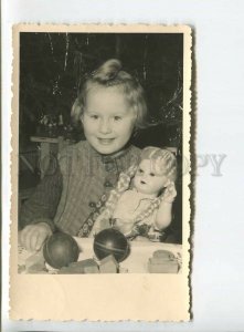 438409 NEW YEAR Girl w/ Blonde DOLL old REAL PHOTO