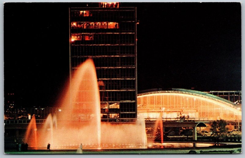 Vtg New York NY International Park Airport Fountain Liberty Night View Postcard