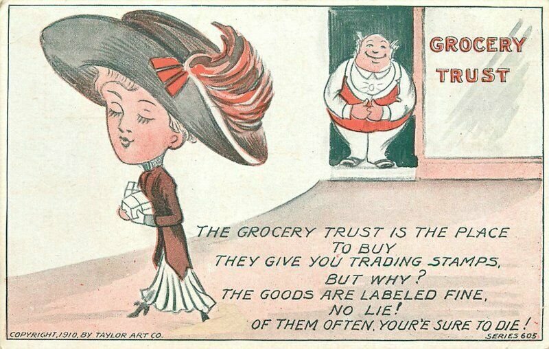 Artist impression Big Hat Woman Grocery Store lies C-1910 Postcard 20-1979