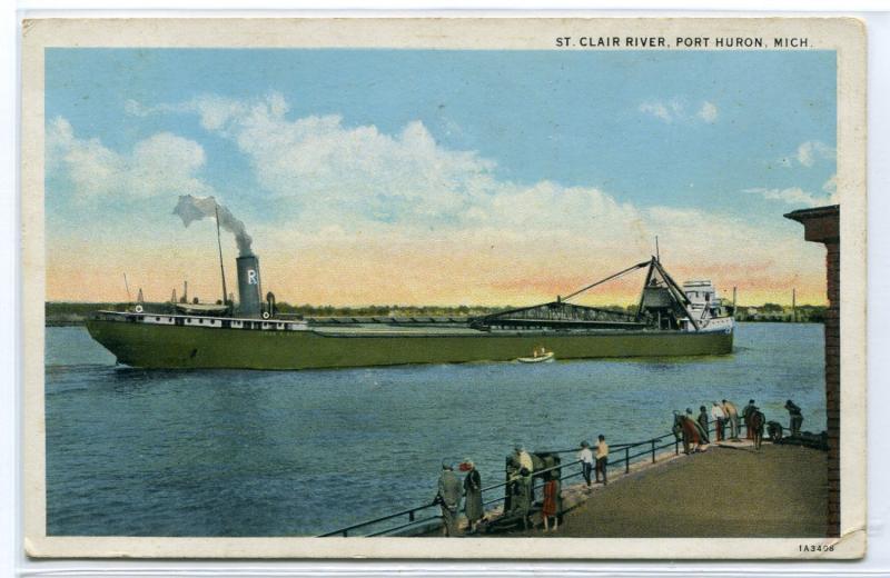 Great Lakes Ore Freighter Steamer Ship Port Huron Michigan 1933 postcard