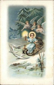 Jesus Christ as Boy in Cart Pulled by Doves Angels c1910 Vintage Postcard
