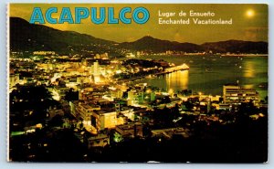 Acapulco Guerrero Mexico Postcard Enchanted Vacatioland Night View c1950's