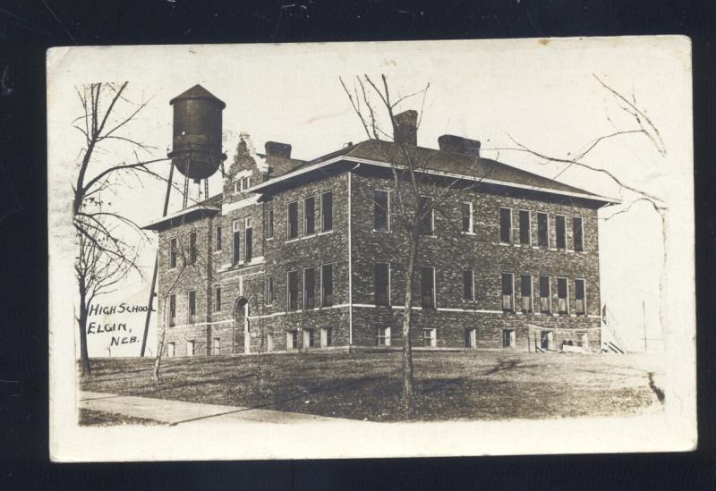 RPPC ELGIN NEBRASKA HIGH SCHOOL BUILDING WATER TOWER OLD REAL PHOTO POSTCARD