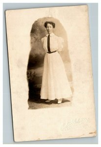 Vintage 1908 RPPC Postcard Studio Portrait Nice Looking Woman in White Dress