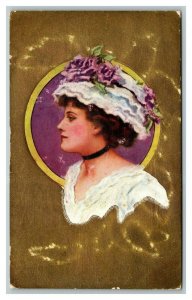 Vintage 1910 Gold Face Postcard Woman in Fine Hat with Purple Roses Beautiful