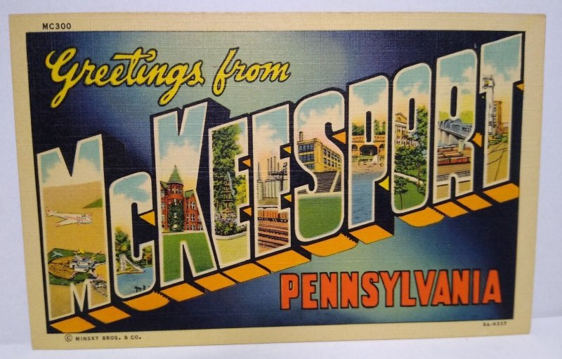 Greeting From McKeesport PA Large Letter Postcard Pennsylvania Linen Minsky Bros
