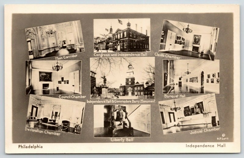 Philadelphia~Independence Hall~Mini Views~Chambers~Liberty Bell~Patriotic RPPC 