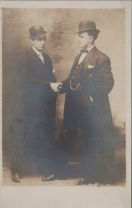 RPPC Postcard Men 1920's Bowler Hats Shaking Hands