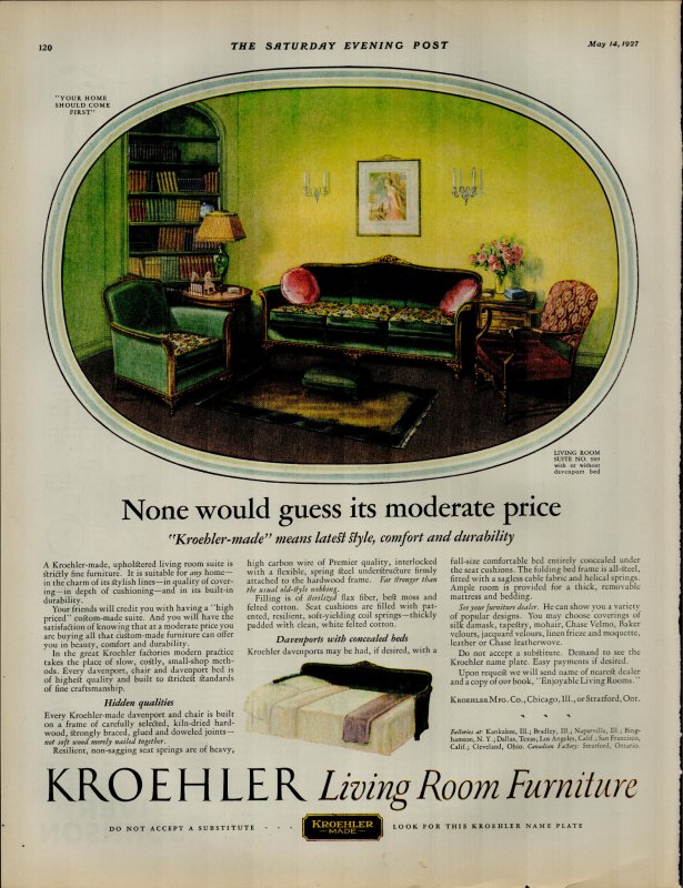 1927 Kroehler Living Room Furniture Moderate Price Vintage Print Ad 3894