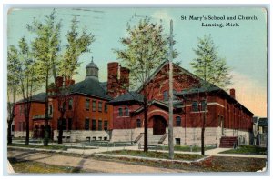 1913 St. Mary's School Church Exterior Lansing Michigan Vintage Antique Postcard