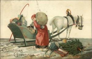 Christmas - Santa Claus Long Red Coat & Horse Sleigh c1910 Postcard #4