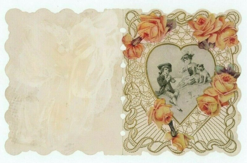 1880s Embossed Victorian Valentine Card Poem Colonial Boy Flute Girl & Dog *A