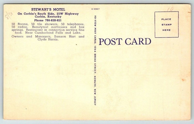 Stewart's Motel & Restaurant   Corbin  Kentucky  Postcard