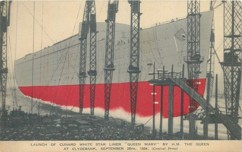 Postcard Sailing vessels Queen Mary Cunard white star liner launch Clydebank