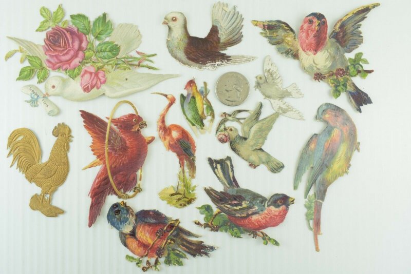 1880's Lovely Die Cut Victorian Colorful Birds Lot of 12 PD238