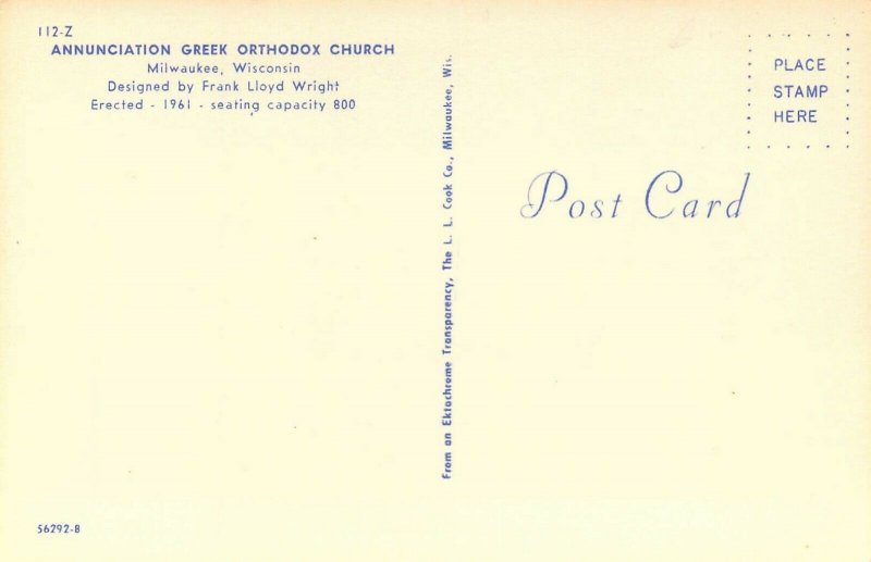 Annunciation Greek Orthodox Church, Milwaukee, WI Postcard. Frank Lloyd Wright 