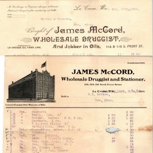 1903 / 1896 La Crosse Wis Letterhead LOT James McCord Wholesale Drugs Receipt R1