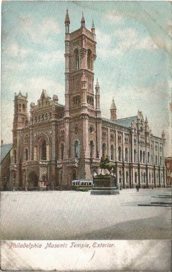 Philadelphia Masonic Temple, Exterior Street Scene with Trolley Vintage Postcard