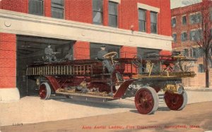 AUTO AERIAL LADDER FIRE DEPARTMENT SPRINGFIELD MASSACHUSETTS POSTCARD (c. 1910)
