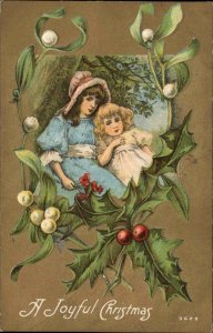 Christmas Little Girls Holly Mistletoe Border c1910 Vintage Postcard