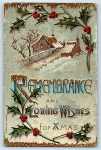 1911 Christmas Holly Berries Winter Scene Gel Gold Gilt Wetmore KS Postcard