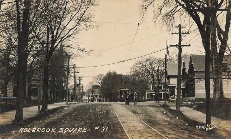 Holbrook MA Holbrook Square Trolley Horse & Wagon in 1910 Real Photo Postcard 