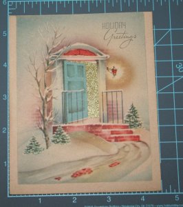 VINTAGE 1940s WWII ERA Christmas Greeting Holiday Card GOLD FOIL Front Door Snow