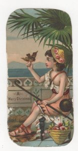 Business Advertising Card Cutout- Girl Holding Bird, A Merry Christmas on Wall
