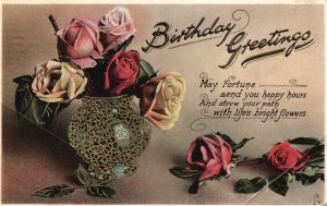 Vintage Postcard 1908 Birthday Greetings Rose Flowers In A Vase Remembrance