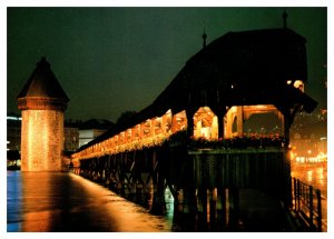 Postcard Switzerland Lucerne -- Chapel Bridge and Water Tower at night