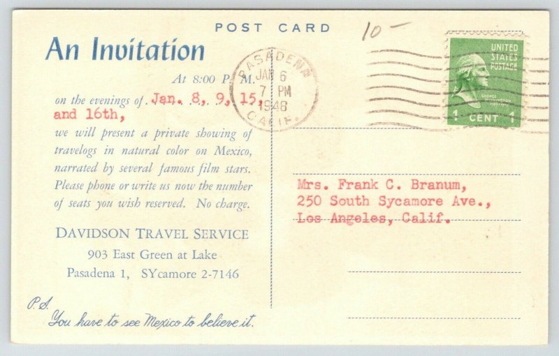 Pasadena CA~Davidson Travel Service~Mexico Workers~Travel Logs~Tourist Assn~1948 