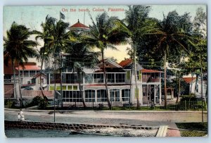 Panama Postcard On The Beach Colon Canal Zone Overprint 1910 Posted Antique