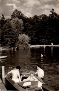 RPPC Argentina Boating on Lake Sexy Blonde Swimsuit 1950s Photo Postcard Z20
