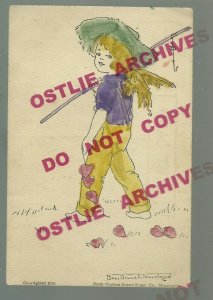 1910 BESS BRUCE CLEAVELAND Art CUPID GIRL FISHING Pole Jeans VALENTINE SIGNED
