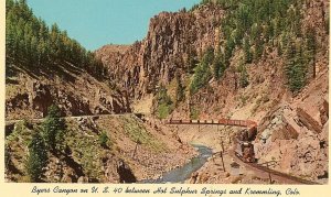 Postcard View of Byers Canyon & Train near Hot Sulpher Springs & Kremmling, CO.